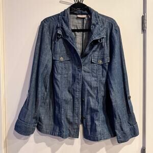 Chico's Denim Jacket Blue Drawstring Collar Button Up Roll Tab Long Sleeve Sz L